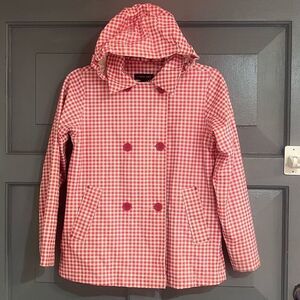 Lands End Kids Girls Gingham Red & White Hooded Rain Coat Sz M Preowned